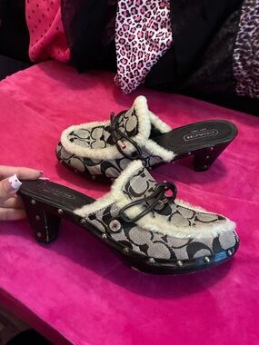 Coach Black & Cream Logo Shearling Clog Mules